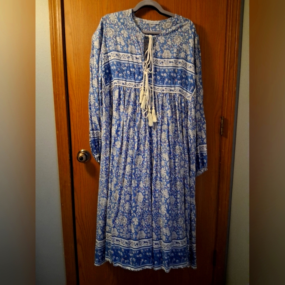 R. Vivimos Blue Floral Long Sleeve BOHO Prairie Dress XXL NWOT